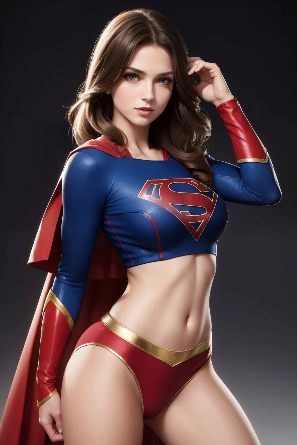 sexy Supergirl in midriff costume, side view,  athletic and fit body, naughty, slutty, perfect hands, detailed hands, perfect eyes, detailed eyes,  flirty, sexy, naughty, posing, hands and arms at sides, large perky , realistic, HDR, UHD, dynamic