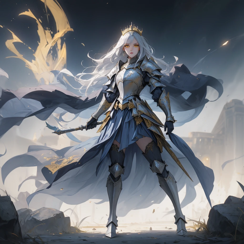 (best quality, high quality) (full body) A knight in dark armor stands in a position that exudes strength outside of a castle. The intricate armor is adorned with gold details and emits a light blue aura. The knight wears a matching crown, and their silver hair flows in the wind. Their face is strikingly beautiful, with piercing yellow eyes that draw attention. The knight holds an ornate spear, The scene is lit with realistic illumination, enhancing the details and atmosphere.