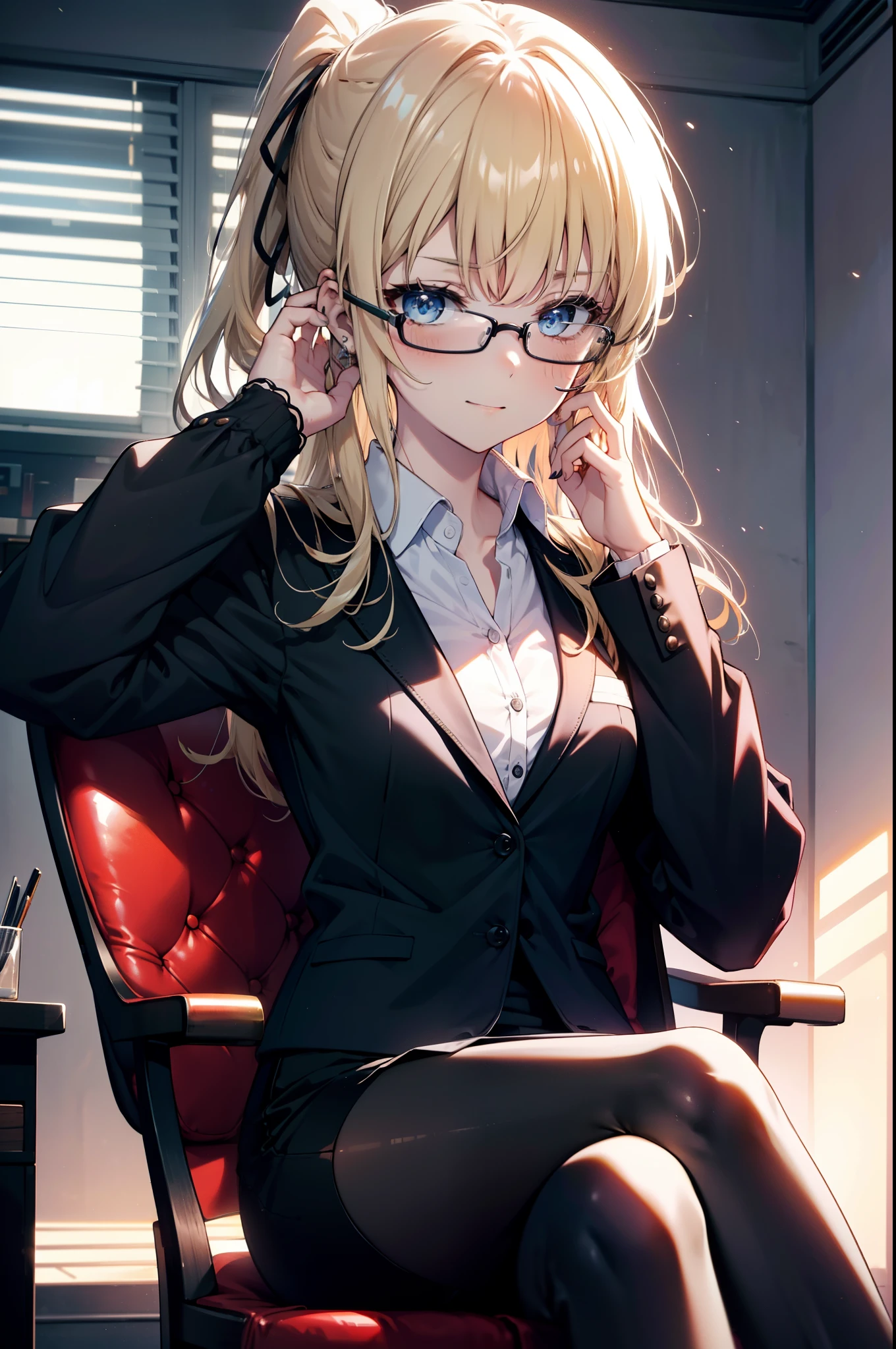 Eliris Penser, eriri sawamura spencer, Blonde Hair, blue eyes, Blunt bangs, hair band, Princess Cut, ponytail long hair, happy smile, smile, Open your mouth,OL, Akagi glasses, Black suit jacket, Collared jacket, White dress shirt, Collared shirt, Neckline, button, Black pencil skirt, Black Pantyhose,Stiletto heels,sit cross-legged on a chair,There is a computer on the table,touch typing,whole bodyがイラストに入るように,sunny,Daytime,
break indoors, オフィス
break looking at viewer, whole body, (Cowboy Shot:1. 5)
break (masterpiece:1.2), highest quality, High resolution, unity 8k wallpaper, (shape:0.8), (Beautiful details:1.6), Highly detailed face, Perfect lighting, Extremely detailed CG, (Perfect hands, Perfect Anatomy),