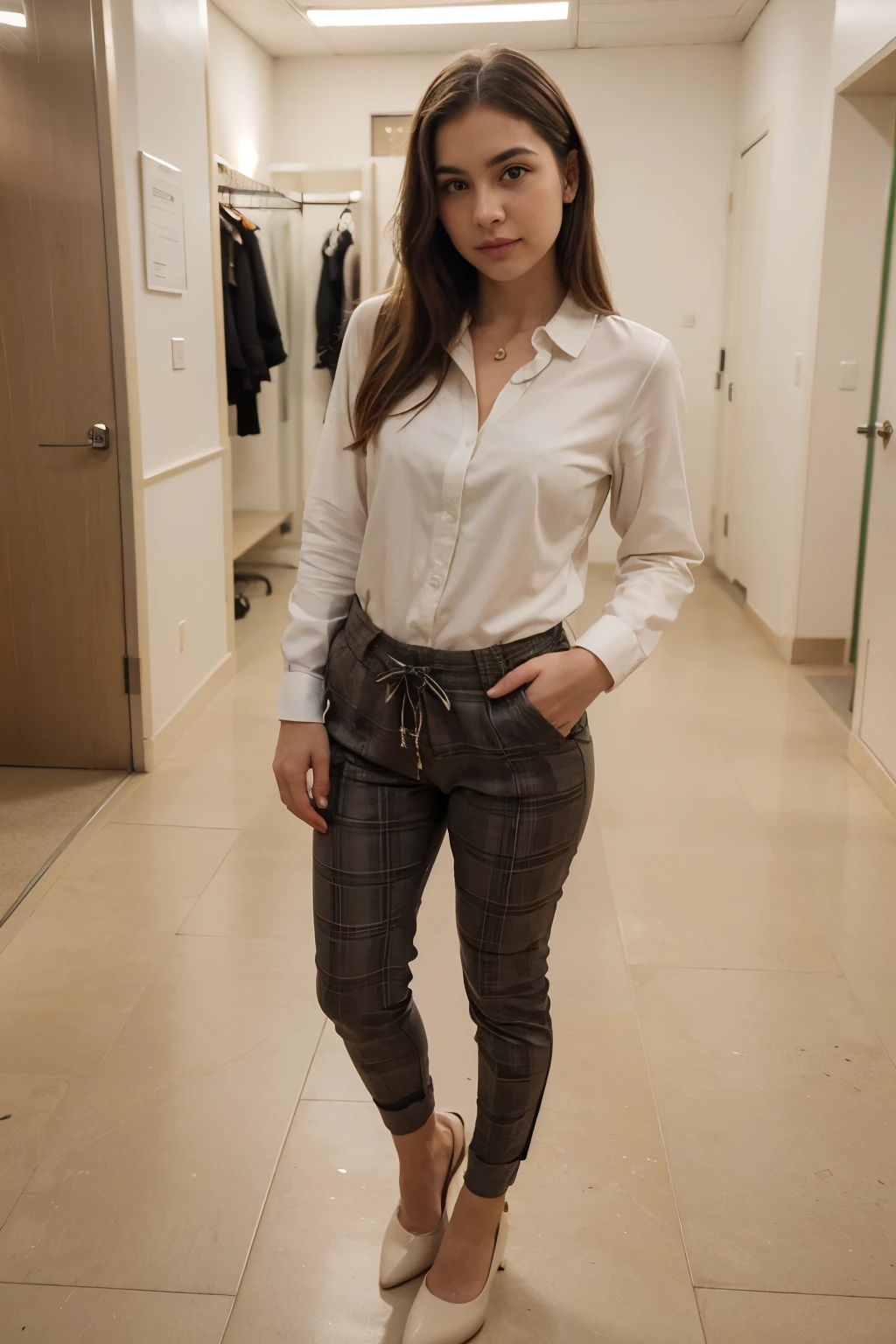((mejor calidad)), ((obra maestra)), (detallado), cara perfecta, 22 year old woman, en un salon de clases, vestida con ropa sport, plaid pants long sleeve blouse, con zapatos altos crema, esconder manos,  realista, gran detalle, real