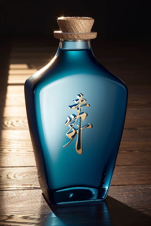 Generate a high-quality, sophisticated, and elegant 3D rendered image of the ‘Xingde Baijiu’ ceramic liquor bottle. This is a Chinese white spirit, and the bottle's total height should not exceed 25 centimeters, with a shorter neck compared to the body. The bottle design should feature a hexagonal prism shape, slender and lightweight, adorned with elegant wave patterns on the surface. The overall design should exude a sense of balance and refinement, reminiscent of the noble and upright character of a gentleman. The main material for both the body and the cap is opaque ceramic, emphasizing its traditional Chinese craftsmanship and heritage.

The bottle should feature a square ceramic cap, adorned with intricate designs to give it a sense of grandeur and volume. The color palette should be serene and elegant, with the bottle body in deep blue and the wave patterns highlighted in white. The bottle’s surface should be decorated with vertically undulating wave motifs, resembling twisting shapes, using relief and carving techniques to enhance texture and detail.

The packaging design draws inspiration from bamboo scrolls, seamlessly integrating with the bottle design. Elements such as bamboo nodes, bamboo shadows, bamboo scrolls, and hexagrams convey the concept of 'Xingde', embodying the philosophy of 'Drink Xingde, appreciate the wisdom of I Ching, and cultivate a gentleman’s demeanor'. The rendering should capture every detail of the bottle, illustrating the pursuit of perfection.