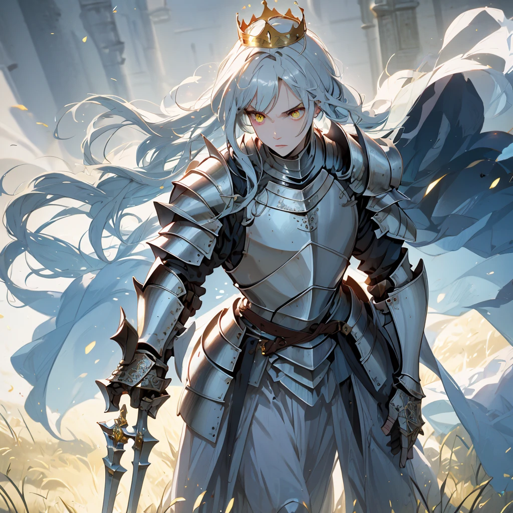 (best quality, high quality) (full body) A knight in dark armor stands in a position that exudes strength outside of a castle. The intricate armor is adorned with gold details and emits a light blue aura. The knight wears a matching crown, and their silver hair flows in the wind. Their face is strikingly beautiful, with piercing yellow eyes that draw attention. The knight holds an ornate spear, The scene is lit with realistic illumination, enhancing the details and atmosphere.