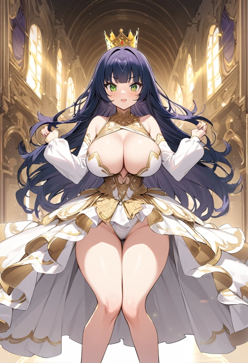 I'm Yoshiko, I'm a white-skinned woman with long purple hair and light green eyes. I am 1.68 cm tall and weigh 56 kg, my breasts measure 310 cm, my waist 60 cm and my hips 200 cm. Dressed in a low-cut gold and white princess dress with a fluffy skirt en and golden crown .With big breasts 310 cm