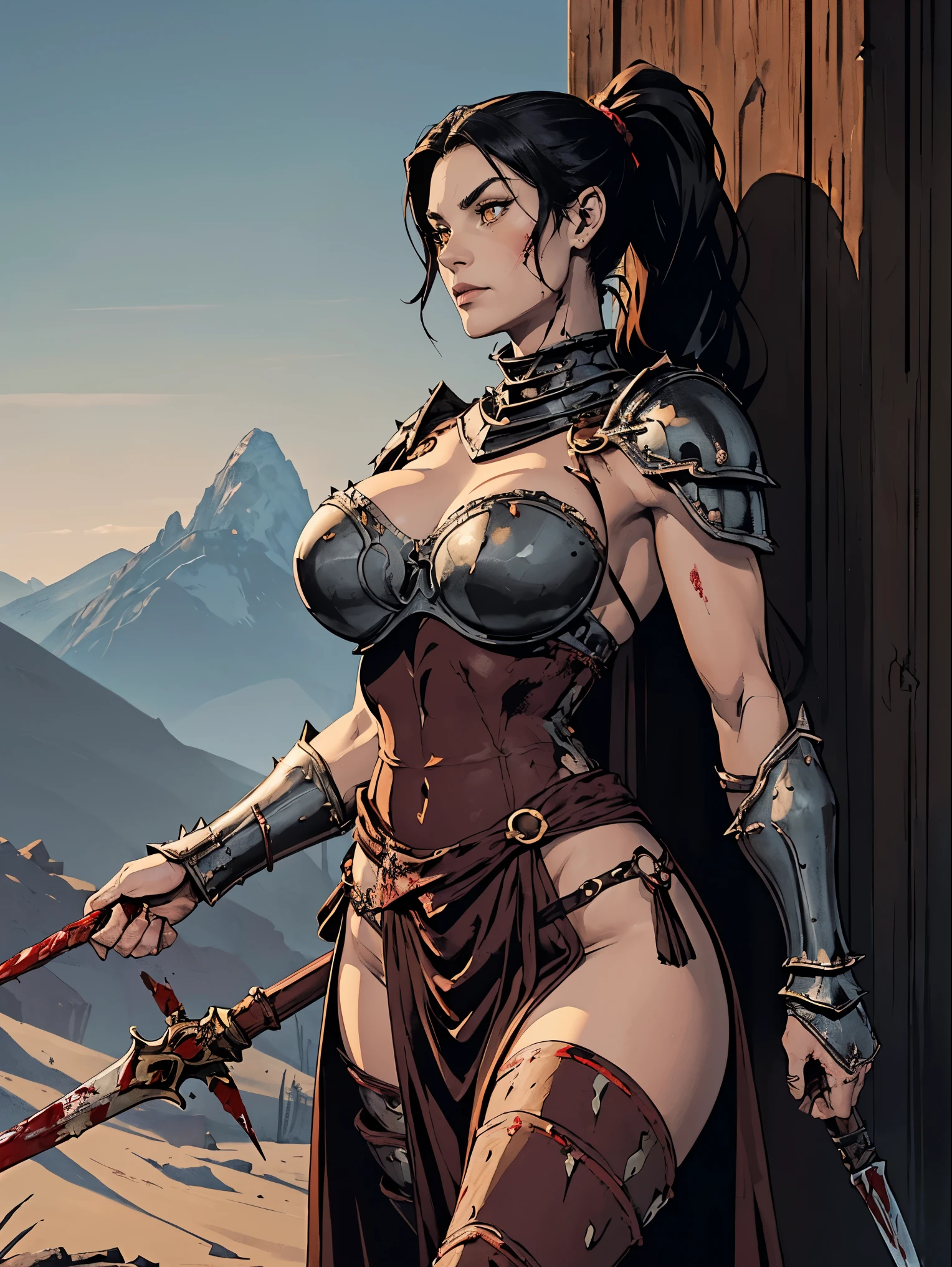 (masterpiece, top quality, best quality, official art, beautiful and aesthetic:1.2), (1girl:1.3), ((Sharp facial features, sharp features, hawkish features)), ((pale skin, orange eyes, big hair, long black hair, ponytail)), big tiddy chaos warrior girl, extremely detailed, portrait, looking at viewer, solo, (full body:0.6), detailed background, full-body shot, (hot desert mountain theme:1.1), chaos warrior, (spiky helmet), charlatan, smirk, mysterious, swaying in mountains, armor, red metal, brass trim, long boots, blood red fabric, pelvic curtain, loincloth, black leather, ((((spear, heavy armor, blood, blood splatter, armored, gigantic breasts, long legs, pelvic curtain, toned, muscular)))), cute belly button, toned tummy, slim waist, slim hips, long legs, medieval (mountain exterior:1.1) background, dark mysterious lighting, shadows, magical atmosphere, dutch angle