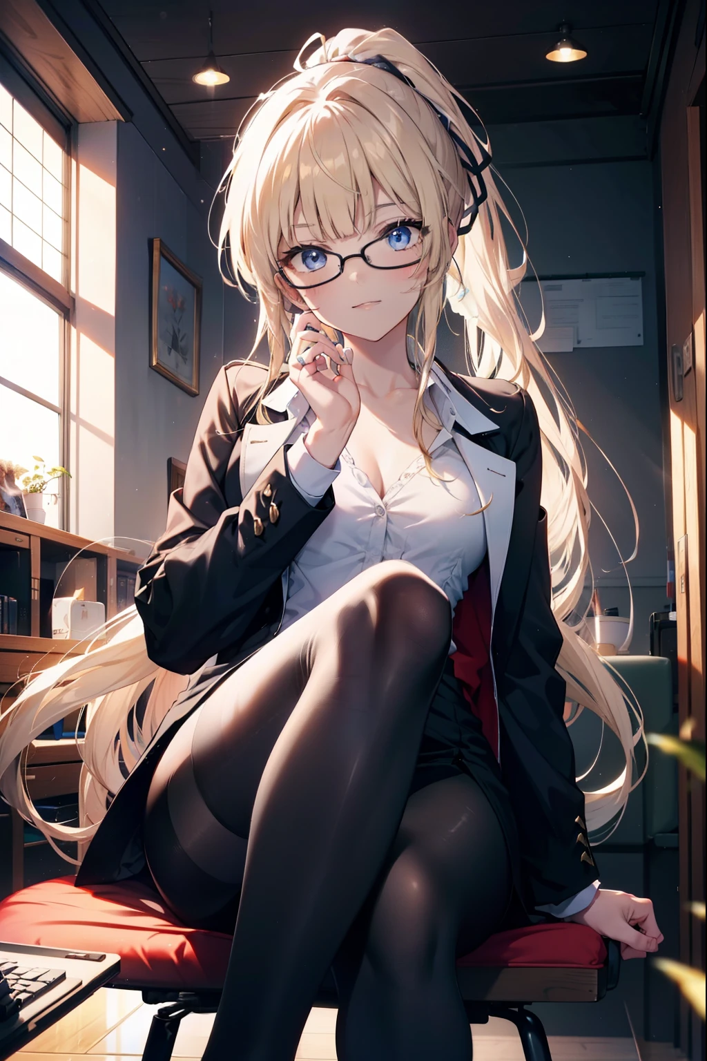 Eliris Penser, eriri sawamura spencer, Blonde Hair, blue eyes, Blunt bangs, hair band, Princess Cut, ponytail long hair, happy smile, smile, Open your mouth,OL, Akagi glasses, Black suit jacket, Collared jacket, White dress shirt, Collared shirt, Neckline, button, Black pencil skirt, Black Pantyhose,Stiletto heels,sit cross-legged on a chair,There is a computer on the table,touch typing,whole bodyがイラストに入るように,sunny,Daytime,
break indoors, オフィス
break looking at viewer, whole body, (Cowboy Shot:1. 5)
break (masterpiece:1.2), highest quality, High resolution, unity 8k wallpaper, (shape:0.8), (Beautiful details:1.6), Highly detailed face, Perfect lighting, Extremely detailed CG, (Perfect hands, Perfect Anatomy),