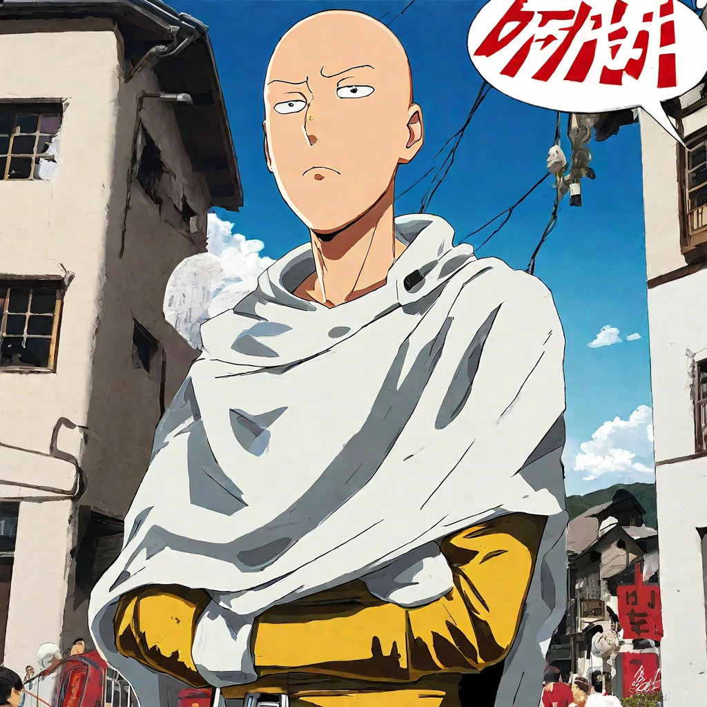 Saitama, one punch man, looks confused. A cute woman has declared she is his girlfriend and is posing for couples photos and asking the crowd to take picture, set in a wrecked part of town post fight