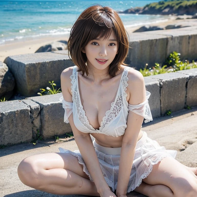 Masterpiece, 8k, best quality, 1 girl, ultra detailed face, perfect skin, perfect face, Tsubasa Honda, japanesse actress, short hair, brown hair, brown eyes, smile, beauty, half naked, wet white lace undershirt, huge breasts, big chest, open chest, off shoulders, plattered mini skirt, prominent nipple points, sitting on the sands, spread legs apart, full body view, seaside, nice legs