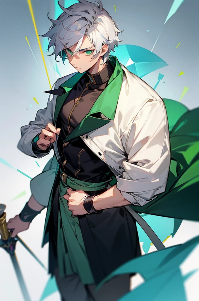 short colorful haired, green eyed, male, genderfluid, wizard, imposing, loose clothing, 2d game character, Character sprite, Visual novel, dating sim