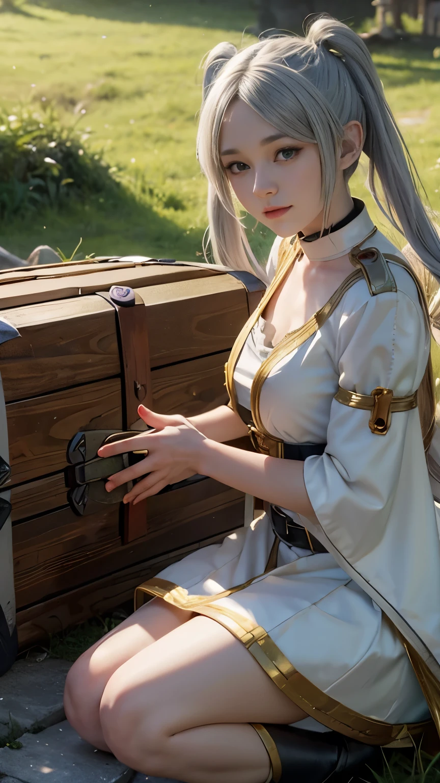 ((live-action:1.2)), photo of in real life,8k, green eyes , A scene inspired by the manga 'Frieren: Beyond Journey's End', A hyper-realistic movie photograph of a young elven girl with long, smirking, silver hair styled in twin tails. She is wearing a detailed, white and gold-trimmed uniform with a belt and dark stockings. She is bending over, ((looking at a giant treasure chest:1.5)). The background features a stone wall and some foliage, with sunlight casting dramatic shadows. The scene captures a sense of curiosity and surprise, reflecting a fantasy adventure setting.
