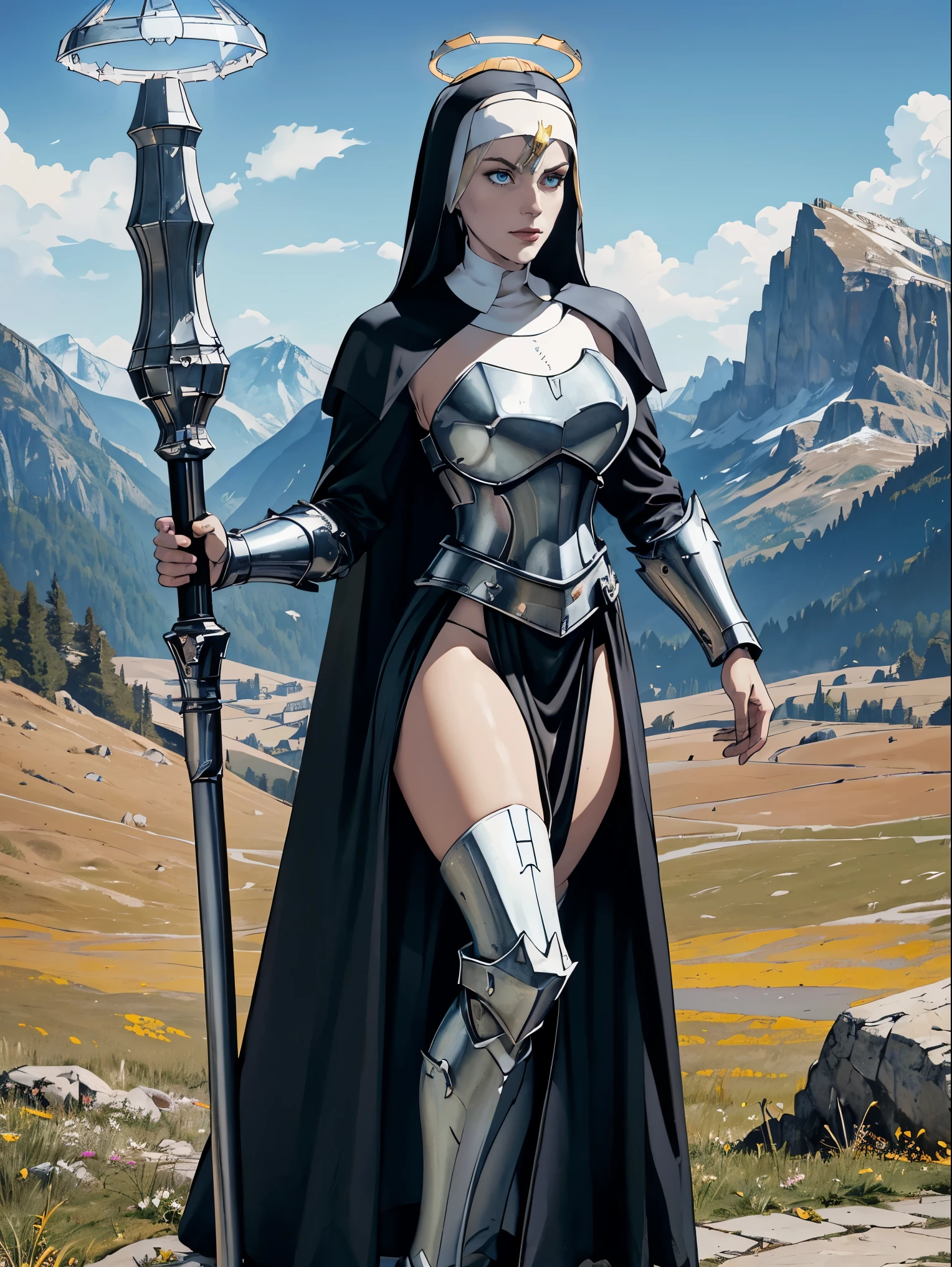 (masterpiece, top quality, best quality, official art, beautiful and aesthetic:1.2), (1girl:1.3), ((Sharp facial features, sharp features, hawkish features)), ((pale skin, blue eyes)), busty paladin knight girl, extremely detailed, portrait, looking at viewer, solo, (full body:0.6), detailed background, full-body shot, (warm mountain meadow theme:1.1), holy knight, (nun), charlatan, smirk, mysterious, swaying in mountains, armor, polished metal, gold trim, long boots, white fabric, pelvic curtain, robe, pale leather, ((((nun, halo, mace, heavy armor, armored, long legs, pelvic curtain, toned, muscular)))), slim waist, slim hips, long legs, medieval (mountain exterior:1.1) background, dark mysterious lighting, shadows, magical atmosphere, dutch angle
