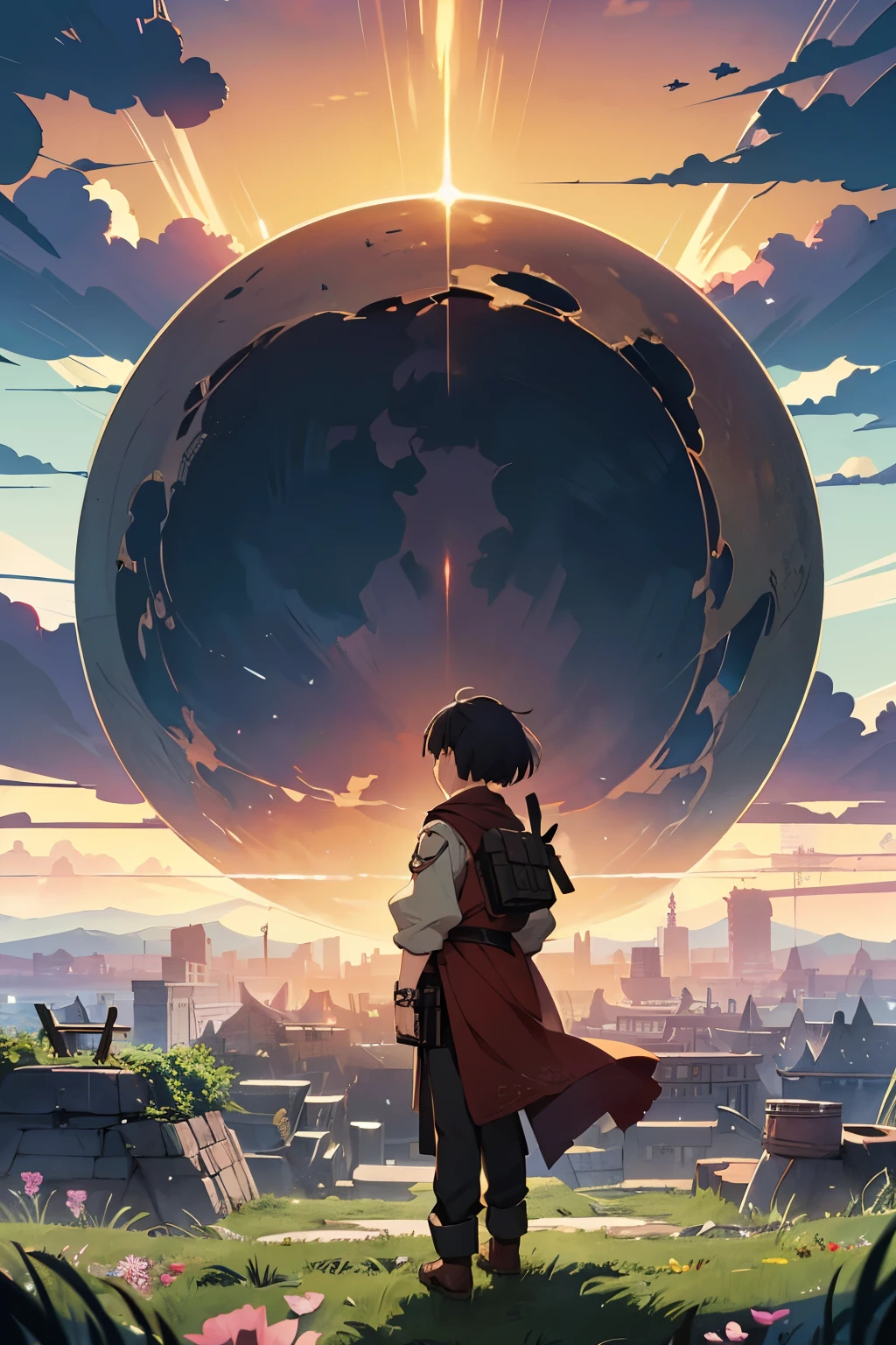 (Concept Art、high resolution、high quality、masterpiece、Intricate details、Anime Style、Ultra Wide Angle、Decadentな世界の情景が遠くに見える、A ruined world seen in the distance、unmanned、Vision):1.5、Fantasy、Decadent、sunset、cloud、horizon、A decadent civilization visible in the distance