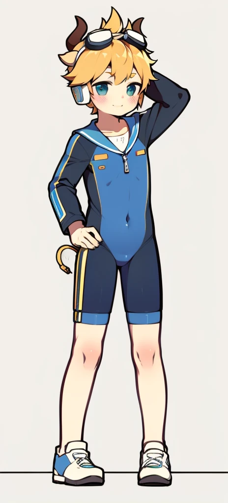 Second dimension boy teenager,Bodysuit,horn,Cow ears,Put the headphones on your head,stand up,goggles,sports shoes,Slim,Sailor collar,White knee socks,Short sleeve shorts,Leg ring,cute,happy