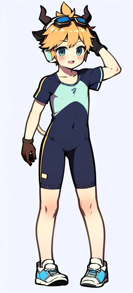 Second dimension boy teenager，Bodysuit，horn，Cow ears，Put the headphones on your head，stand up，goggles，sports shoes，Slim，Sailor collar，White knee socks，Short sleeve shorts，Leg ring，cute，happy