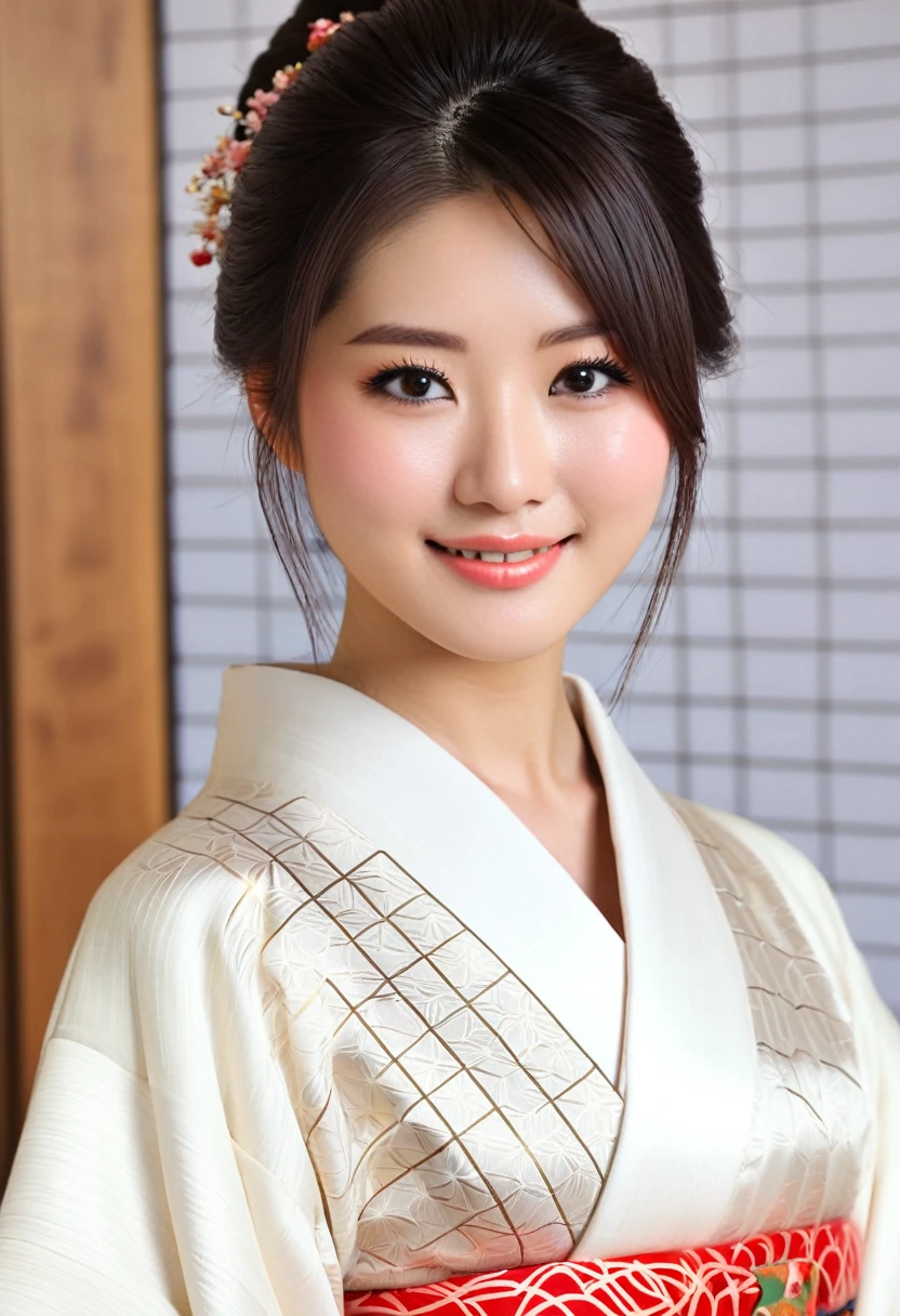 (best quality, ultra-detailed, realistic:1.37), professional, beautiful detailed eyes, beautiful detailed lips, detailed facial features, natural skin tones, perfect skin texture, delicate facial expressions, image in high resolution, realistic face, realistic skin, plain face, natural smile, highly detailed hair, (Eriko), 18yo, (a beautiful Japanese college girl), radiates elegance and grace in a traditional Kimono. The high-resolution image captures ultra-detailed realism, highlighting Eriko's captivating eyes, long eyelashes, and smooth complexion. The intricate patterns and vibrant colors of the Kimono add to the visual appeal, creating a stunning representation of Japanese tradition and beauty.