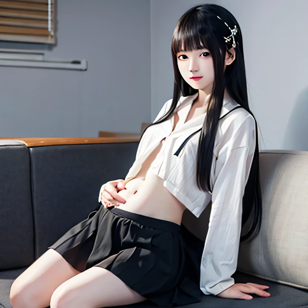 A young Japanese girl with long black hair and a white shirt and black skirt sits on the sofa,slightly exposed navel,snow-white skin,slightly bloated belly ,silhouette of a baby in the belly