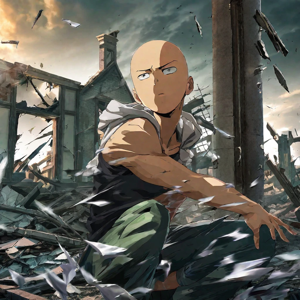 Saitama, one punch man, confused look,cute woman posing for couples photos, asking the crowd to take picture,wrecked part of town post fight,illustration,ultra-detailed,photorealistic:1.37,post-apocalyptic,comic art,harsh lighting,vibrant colors,debris and dust in the air,expressive faces,cracks and damages on buildings,urban decay,wind blowing through hair,muted tones,hazy atmosphere,overcast sky,rippling muscles,strong contrast,broken glass shards,commanding presence of woman,hope in desperation,nostalgic aesthetic,playful expression,dynamic poses,urban ruin,action-packed scene,gritty,attention to facial expressions,determined stares,mixed emotions,decaying structures,flowing cape,scattered rubble,smoke-filled background,emotionally intense,wide-angle shot,thrilling energy,dramatic shadows,spectacular visuals,motion blur,comic book cover style