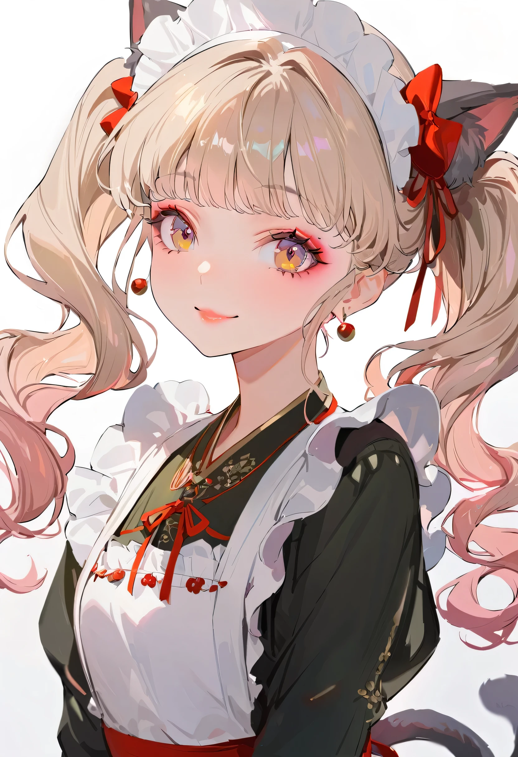 (neko maid:1.2),(best quality,ultra-detailed,highres:1.2),beautiful girl with flawless face,very_long eyelashes, detailed lips, radiant smile, soft skin, glossy hair,vibrant background, natural lighting,The cutest girl in the world,Exquisite makeup,Double tail