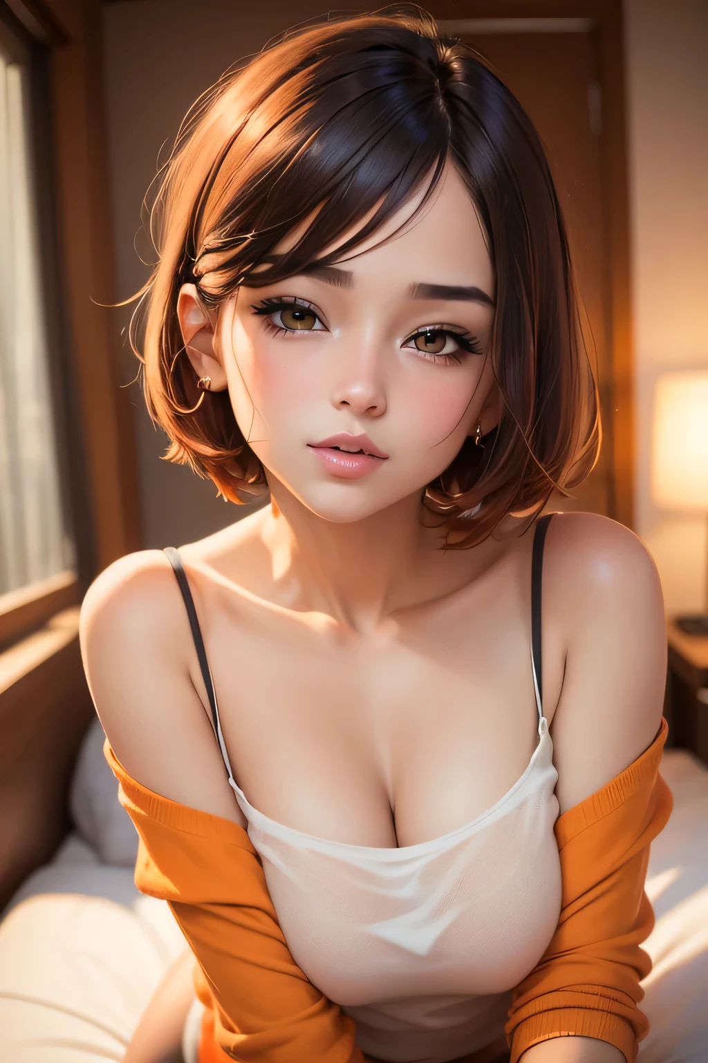 Amazing portrait of a sexy and cute girl with a short bob hairstyle and a seductive gaze who is blushing intensely with parted lips and is desperate and flustered and lustful wearing an off shoulder orange t shirt showcasing her bare shoulder while lying on bed