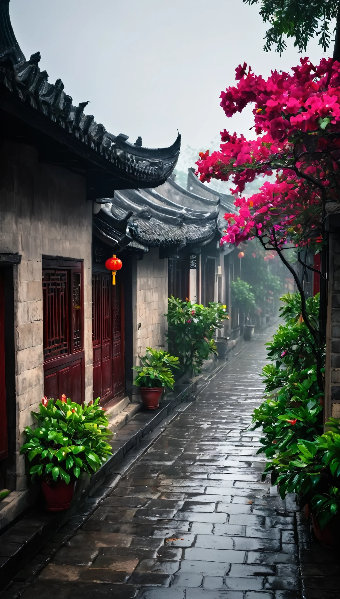 Create an image of China’s ancient Jiangnan Hutong just after it rained. The scene should feature old brick buildings lining a narrow cobblestone path, with vibrant red Bougainvillea flowers adding color to the grey, rainy setting. The atmosphere should be serene and slightly mystical, with soft natural lighting and a visible mist in the background, capturing the essence of a tranquil, rain-soaked landscape.No modern elements