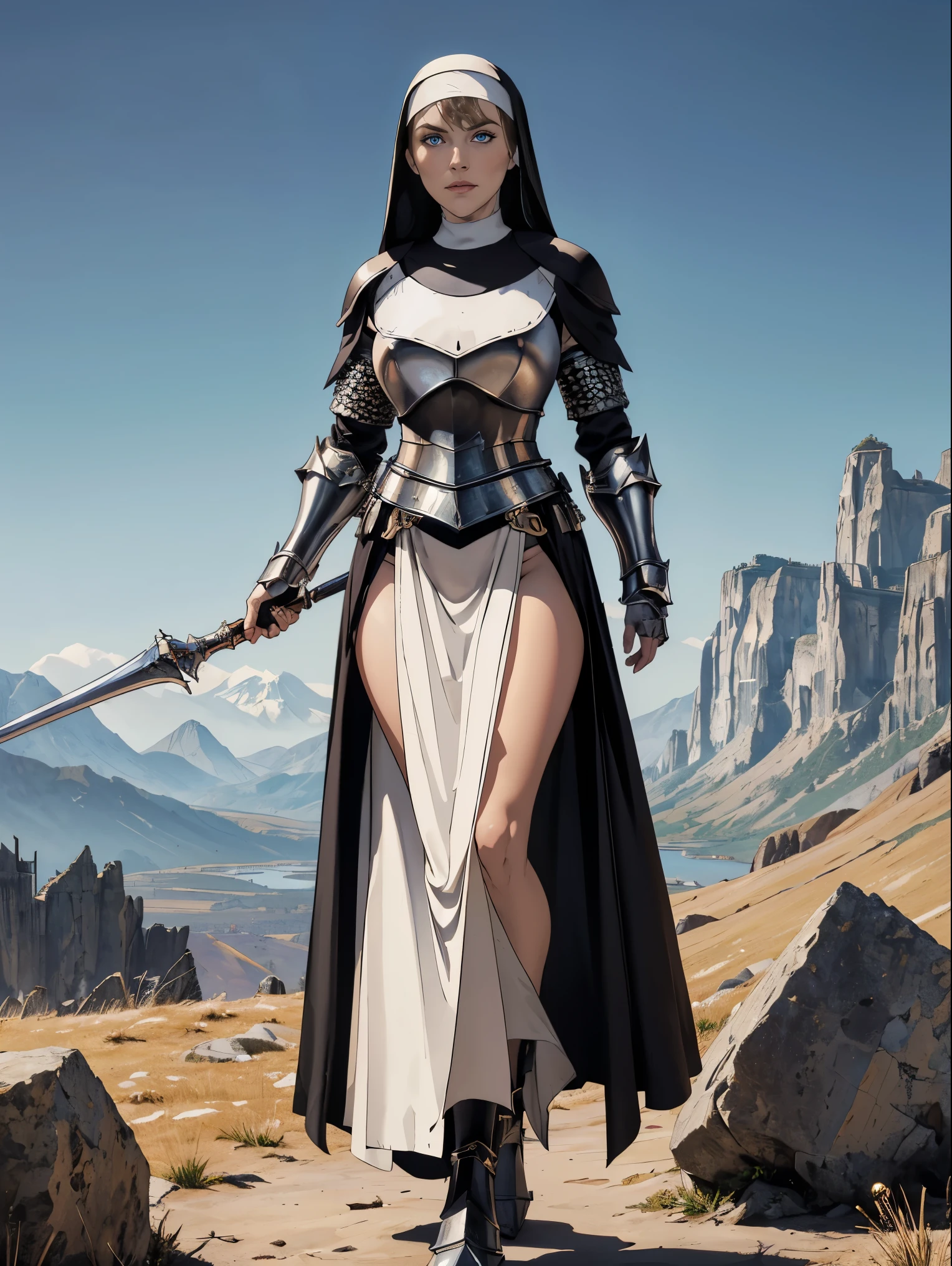 (masterpiece, top quality, best quality, official art, beautiful and aesthetic:1.2), (1girl:1.3), ((Sharp facial features, sharp features, hawkish features)), ((pale skin, blue eyes)), busty paladin knight girl, extremely detailed, portrait, looking at viewer, solo, (full body:0.6), detailed background, full-body shot, (warm mountain meadow theme:1.1), holy knight, (nun), charlatan, smirk, mysterious, swaying in mountains, armor, polished metal, gold trim, long boots, white fabric, pelvic curtain, robe, pale leather, ((((nun, holy aura, mace, heavy armor, armored, long legs, pelvic curtain, toned, muscular)))), slim waist, slim hips, long legs, medieval (mountain exterior:1.1) background, dark mysterious lighting, shadows, magical atmosphere, dutch angle