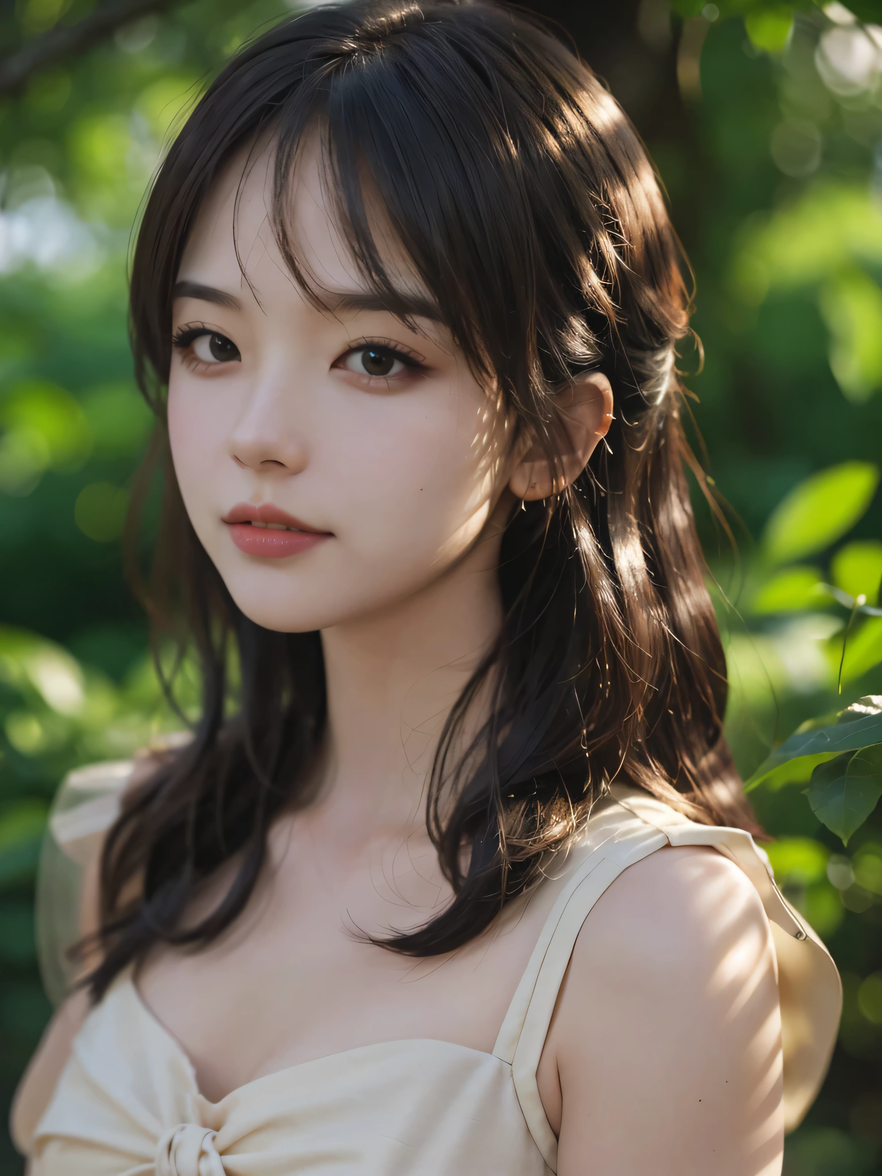 (masutepiece:1. 2), (Realistic:1. 4), (post processed:1. 3), (Sharp Focus:1. 3), 8K, mid-body shot (85mm Photo) , femele, Portrait, plein air, Empire Waist Dress, Bokeh, Wavy Hair , (Highly detailed body, Highly detailed face, Highly detailed eye, Best Quality:1. 2)