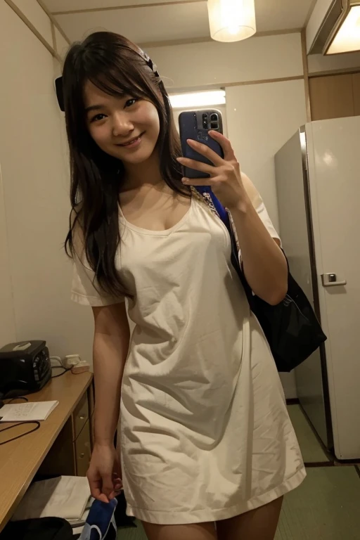 A scantily clad Japanese female college student takes a smiling selfie at home