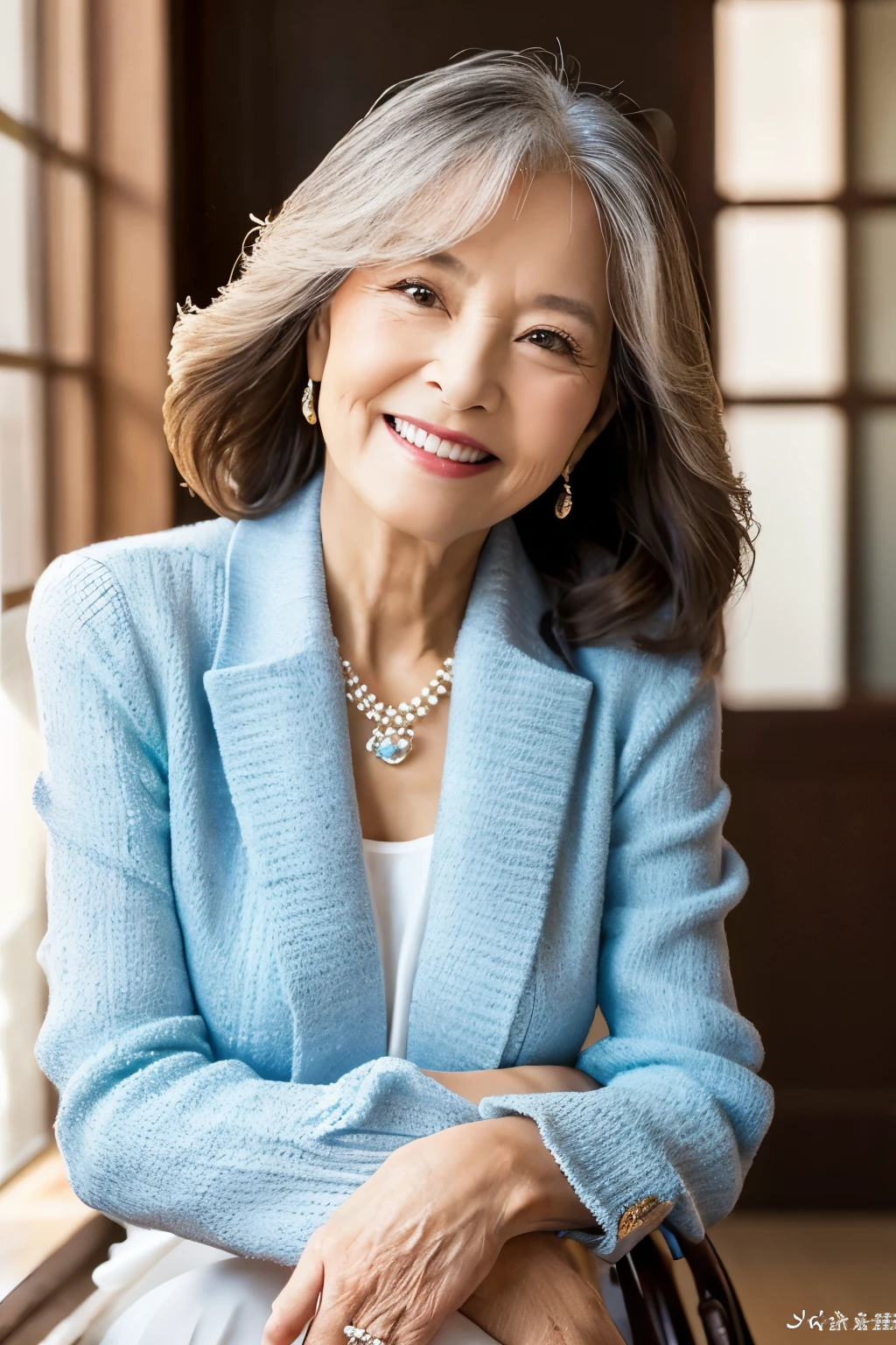 67 old、smile、beautiful、high class clothes, classy、Shining eyes、stare、