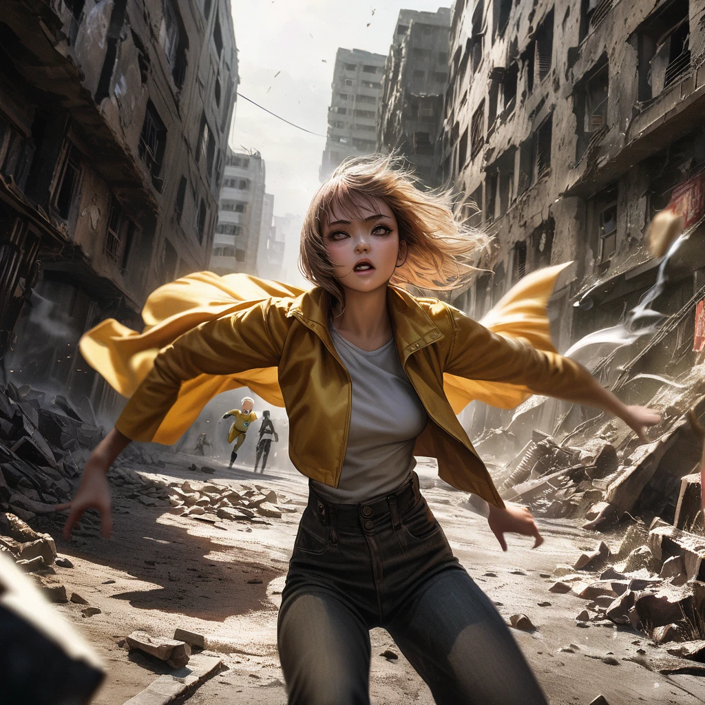 Saitama, one punch man, confused look,cute woman posing for couples photos, asking the crowd to take picture,wrecked part of town post fight,illustration,ultra-detailed,photorealistic:1.37,post-apocalyptic,comic art,harsh lighting,vibrant colors,debris and dust in the air,expressive faces,cracks and damages on buildings,urban decay,wind blowing through hair,muted tones,hazy atmosphere,overcast sky,rippling muscles,strong contrast,broken glass shards,commanding presence of woman,hope in desperation,nostalgic aesthetic,playful expression,dynamic poses,urban ruin,action-packed scene,gritty,attention to facial expressions,determined stares,mixed emotions,decaying structures,flowing cape,scattered rubble,smoke-filled background,emotionally intense,wide-angle shot,thrilling energy,dramatic shadows,spectacular visuals,motion blur,comic book cover style
