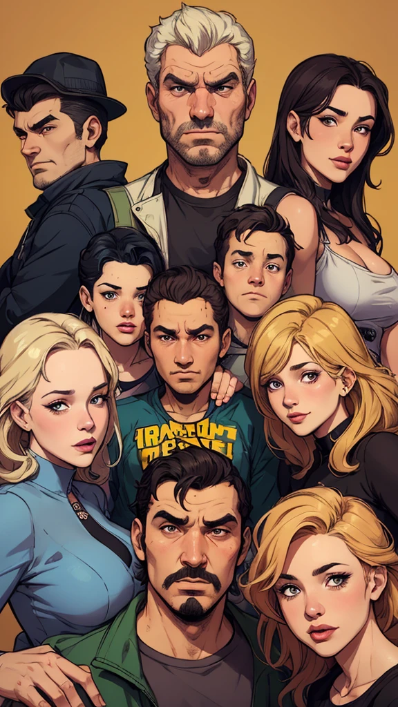 Cartoon style digital illustration style GTA style There are many people together in a group, retrato nft, a grupo de pessoas, grupo de pessoas, family, by Matteo Pérez, family portrait, por Barron Storey, camaradagem, por Brian Thomas, retrato de grupo, por Sam Dillemans, high resolution, por Luis Molinari, diversas idades, Satoshi, Beautiful people Cartoon style digital illustration GTA style