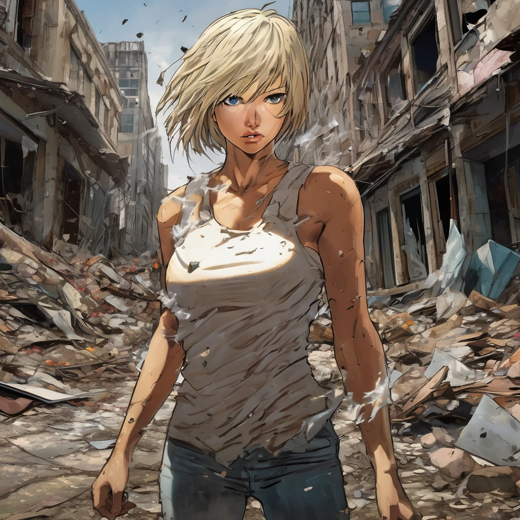 Saitama, one punch man, confused look,cute woman posing for couples photos, asking the crowd to take picture,wrecked part of town post fight,illustration,ultra-detailed,photorealistic:1.37,post-apocalyptic,comic art,harsh lighting,vibrant colors,debris and dust in the air,expressive faces,cracks and damages on buildings,urban decay,wind blowing through hair,muted tones,hazy atmosphere,overcast sky,rippling muscles,strong contrast,broken glass shards,commanding presence of woman,hope in desperation,nostalgic aesthetic,playful expression,dynamic poses,urban ruin,action-packed scene,gritty,attention to facial expressions,determined stares,mixed emotions,decaying structures,flowing cape,scattered rubble,smoke-filled background,emotionally intense,wide-angle shot,thrilling energy,dramatic shadows,spectacular visuals,motion blur,comic book cover style