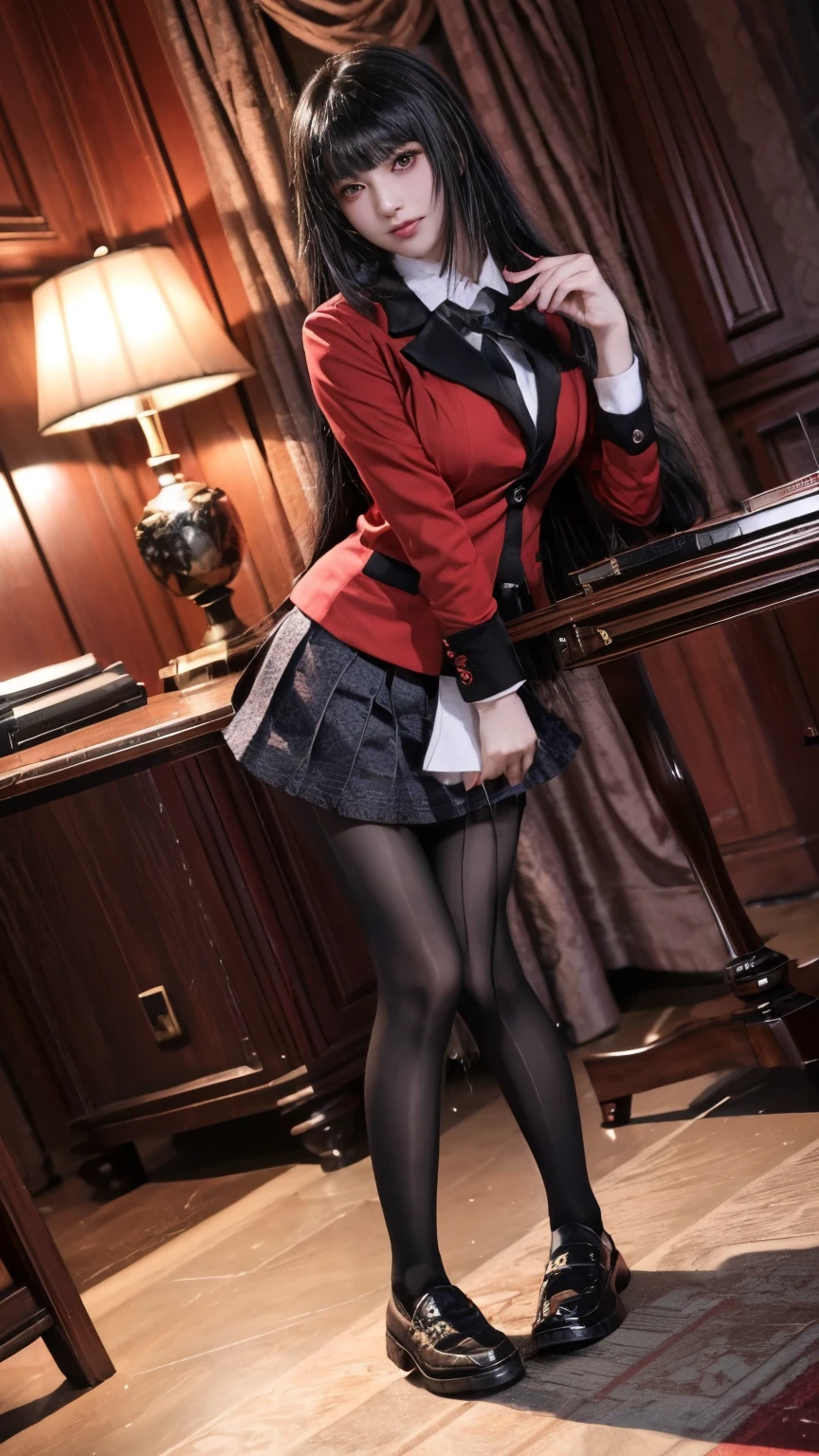 (best quality,masterpiece:1.2),(realistic, photo-realistic:1.4), RAW photo, high resolution, intricate details, extremely detailed, cinematic lighting, (full body, front view, lower angle view, frontal photography, loafers:1.5),, solo, 1girl, (kakegurui yumeko,Yumeko Jabami), a stunning female, (standing with spread legs wide:1.4), detailed face, detailed eyes, long hair, blunt bangs, hime cut, red eyes, red jacket, pantyhose, white shirt, black ribbon, pleated skirt, (peeing self,urine puddle,desperate pose for peeing,desperate face), photo background, indoors,