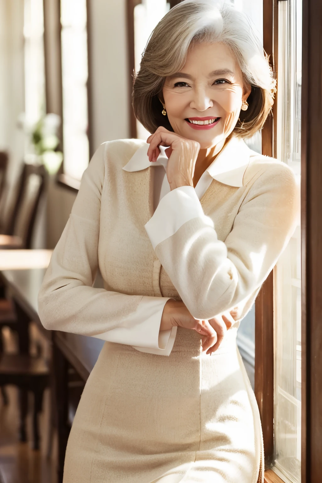 ６7  old、smile、beautiful、high class clothes, classy、Shining eyes、stare、
