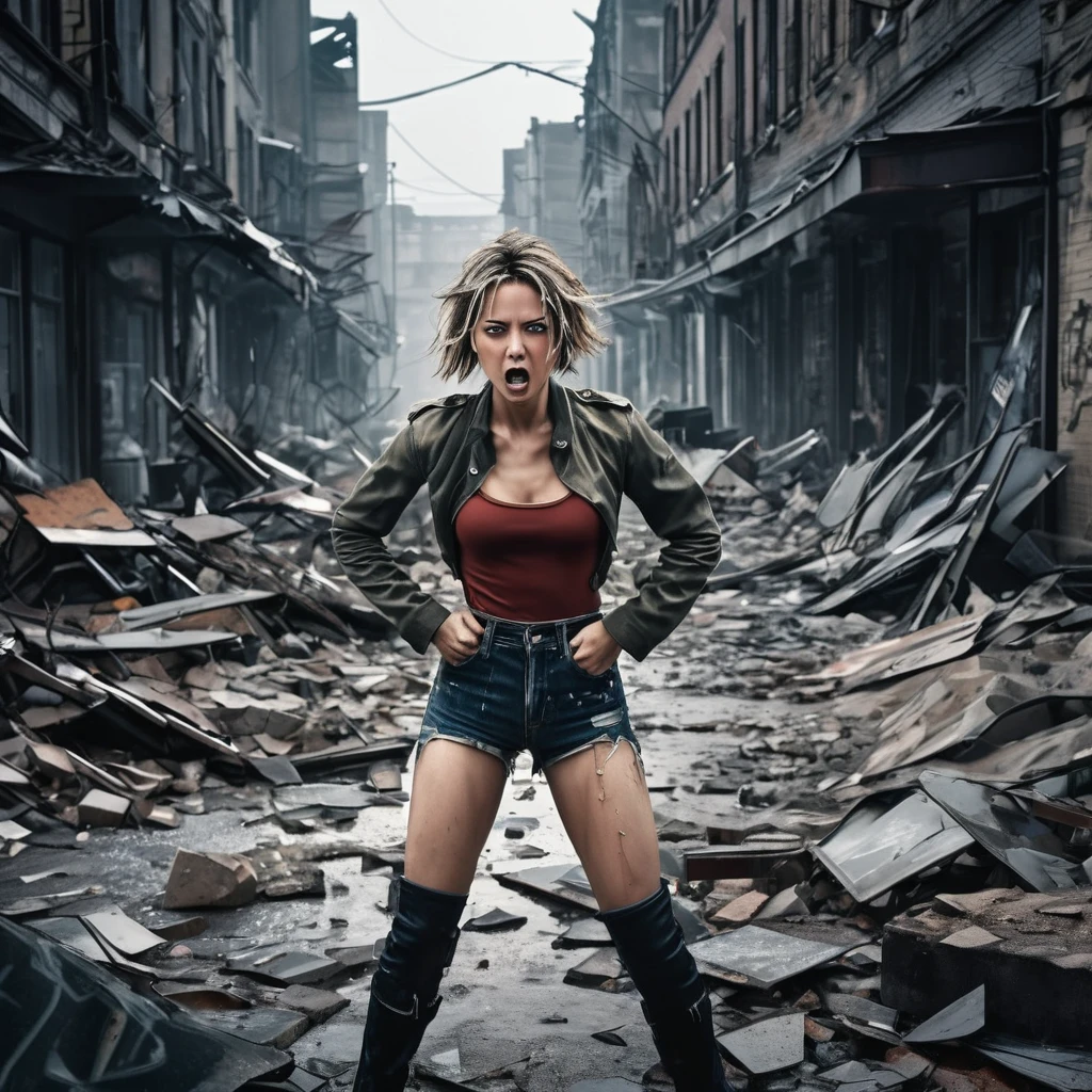 Saitama, one punch man, confused look,cute woman posing for couples photos, asking the crowd to take picture,wrecked part of town post fight,illustration,ultra-detailed,photorealistic:1.37,post-apocalyptic,comic art,harsh lighting,vibrant colors,debris and dust in the air,expressive faces,cracks and damages on buildings,urban decay,wind blowing through hair,muted tones,hazy atmosphere,overcast sky,rippling muscles,strong contrast,broken glass shards,commanding presence of woman,hope in desperation,nostalgic aesthetic,playful expression,dynamic poses,urban ruin,action-packed scene,gritty,attention to facial expressions,determined stares,mixed emotions,decaying structures,flowing cape,scattered rubble,smoke-filled background,emotionally intense,wide-angle shot,thrilling energy,dramatic shadows,spectacular visuals,motion blur,comic book cover style
