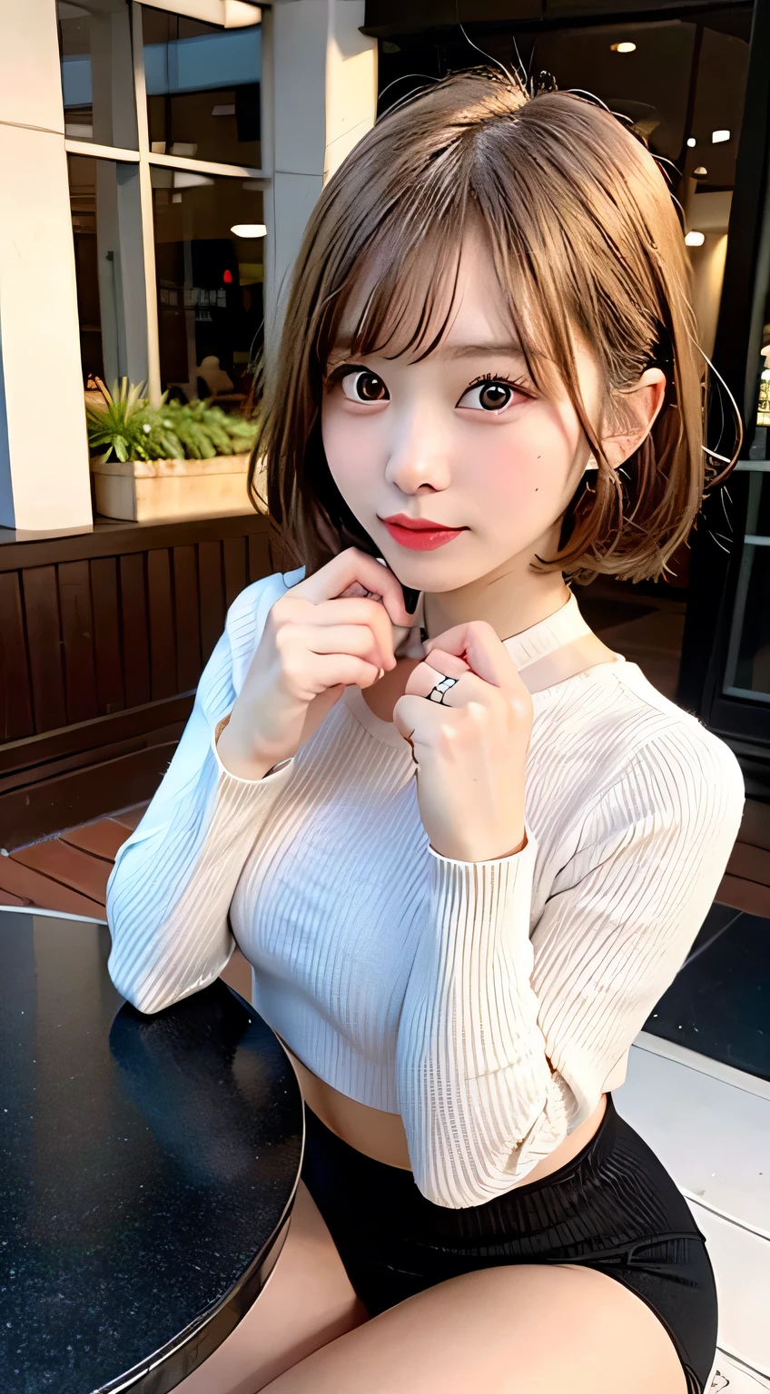 (8k, RAW Photos:1.2),Detailed face and eyes,最high quality, 超A high resolution, Very detailed ,Intricate details ,Tabletop ,pretty girl , Soft cinematic light, Hyper Detail,Sharp focus, high quality,Blonde, Bobcut, outside, knit, mini skirt, panties, Peeking from below
