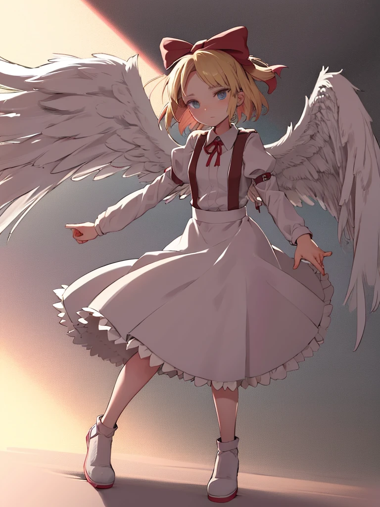 masterpiece, best quality, 1girl, solo, 10 years old, medium blonde hair, forehead visible bangs, hair flaps, ribbon on head, well-formed face, blonde eyes, angel girl, nehru collar, white blouse, long sleeves, red ribbon, angel wings, red thick suspenders, long white skirt, long maxi-skirt, very long skirt, wide shot, full body shot, simple background