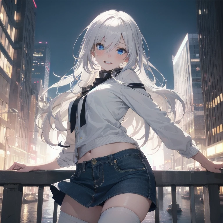 (Masterpiece, Best quality, ultra high resolution), 1 girl, Silver hair, Pale skin, Beautiful detailed face, Detailed eyes, posing on a, On a white background, Dynamic lighting, dynamic shadowing, looking at viewer, White stone punk fashion,(Posing for a photo),((White clothes)), (((black thigh highs))), ((jean shorts, skirt)), white sweater, ((Blue eyes)), happy, smiling, black straps, black strap design, ((Long white hair)), energetic, cheerful, cityscape background