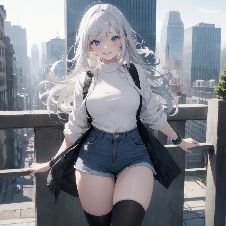 (Masterpiece, Best quality, ultra high resolution), 1 girl, Silver hair, Pale skin, Beautiful detailed face, Detailed eyes, posing on a, On a white background, Dynamic lighting, dynamic shadowing, looking at viewer, White stone punk fashion,(Posing for a photo),((White clothes)), (((black thigh highs))), ((jean shorts, skirt)), white sweater, ((Blue eyes)), happy, smiling, black straps, black strap design, ((Long white hair)), energetic, cheerful, cityscape background