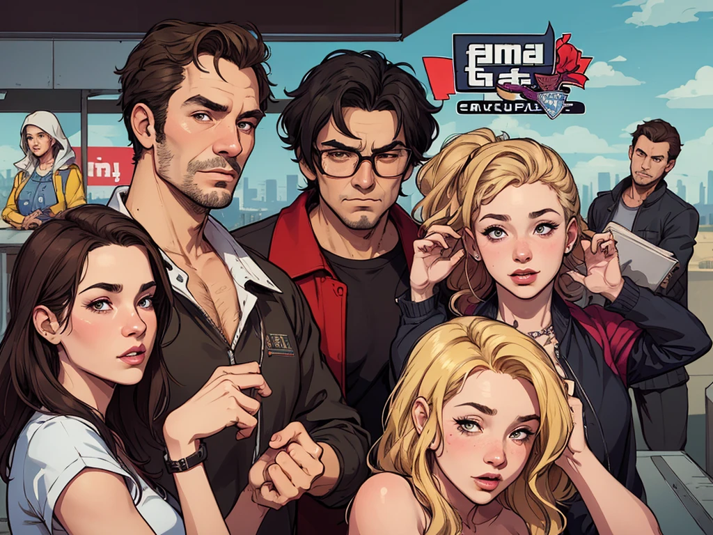 Cartoon style digital illustration style GTA style There are many people together in a group, retrato nft, a grupo de pessoas, grupo de pessoas, family, by Matteo Pérez, family portrait, por Barron Storey, camaradagem, por Brian Thomas, retrato de grupo, por Sam Dillemans, high resolution, por Luis Molinari, diversas idades, Satoshi, Beautiful people Cartoon style digital illustration GTA style