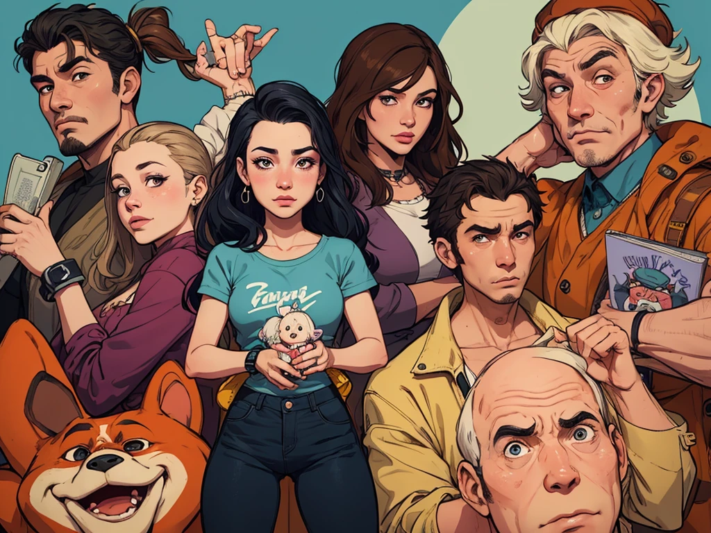 Cartoon style digital illustration style GTA style There are many people together in a group, retrato nft, a grupo de pessoas, grupo de pessoas, family, by Matteo Pérez, family portrait, por Barron Storey, camaradagem, por Brian Thomas, retrato de grupo, por Sam Dillemans, high resolution, por Luis Molinari, diversas idades, Satoshi, Beautiful people Cartoon style digital illustration GTA style