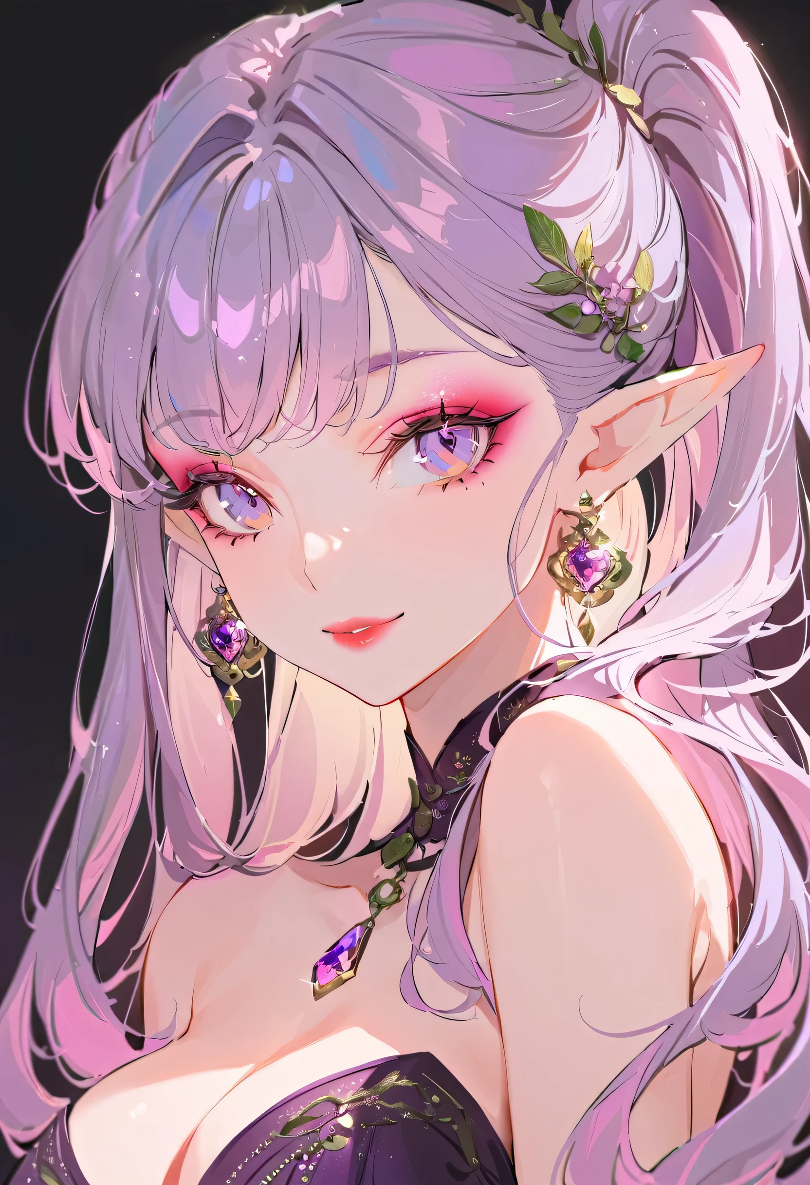 (best quality,ultra-detailed,highres:1.2),beautiful girl with flawless face,The cutest girl in the world,Exquisite makeup,purple eyes,makeup,eyelashes,lipstick,tsurime,glint,seductive smile,strapless dress,large breasts,purple hair,(elf:1.2),pointy ears,red eyeshadow