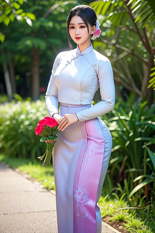 a beautiful girl in vintage colors aodai , masterpiece, best quality, realistic:1.3, street, holding bundle of flowers, sunlight, backlighting, artstation, intricate details, vignettThe owner of an attractive body outline and high hips3d 4k