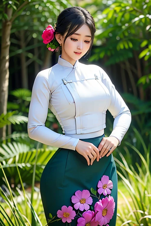 a beautiful girl in vintage colors aodai , masterpiece, best quality, realistic:1.3, street, holding bundle of flowers, sunlight, backlighting, artstation, intricate details, vignettThe owner of an attractive body outline and high hips3d 4k