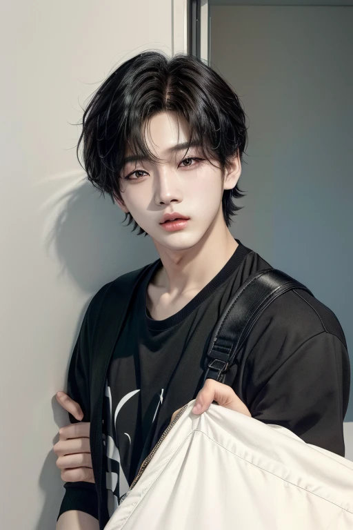 Un joven arafed con una camisa negra y un bolso negro., hyung tae, jinyoung shin, kim taejin, Shin Jeongho, cai xukun, hyung tae kim, jungkook, pale korean adorable face, Jung Jaehyun, hyung-tae kim, hyung-tae kim, yoongi de pelo negro, Jimin, Jimin\his right eyelid is swollen, jk