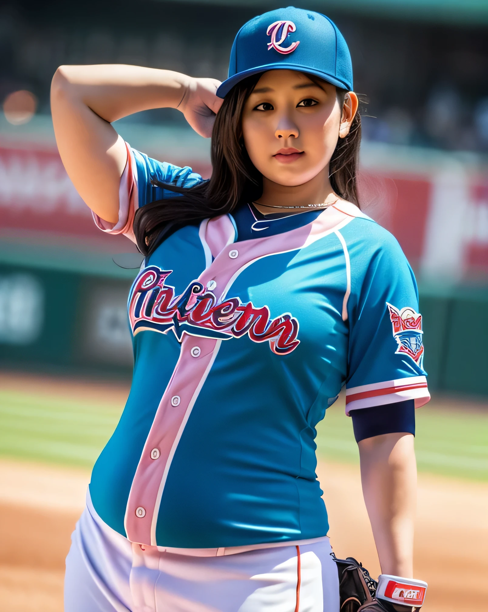 NSFW, 1 female, Overweight, Extremely fat, ((Chubby)), baseball uniform, no_bra, erection of nipple, Japanese, 4k, High resolution, masterpiece, highest quality, fine skin
