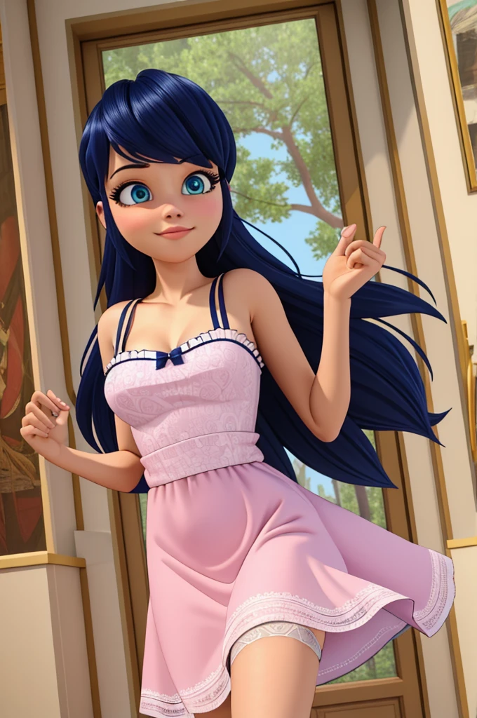 (8k, RAW photo, best quality, masterpiece:1.2), (intricate details), perfect eyes, perfect face, perfect lighting, beautiful, (masterpiece:1.2), (best quality:1.2), 1girl, solo, marinette, blue hair, ((long hair down)), adult torso, 19 years old, slight smile, large sized breasts, (pink long dress), cowboy shot, 3DMM, lingeries, garters,