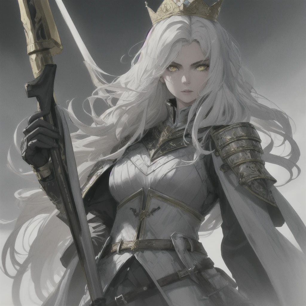 (best quality, high quality) (full body) A knight in dark armor stands in a position that exudes strength outside of a castle. The intricate armor is adorned with gold details and emits a light blue aura. The knight wears a matching crown, and their silver hair flows in the wind. Their face is strikingly beautiful, with piercing yellow eyes that draw attention. The knight holds an ornate spear, The scene is lit with realistic illumination, enhancing the details and atmosphere.
