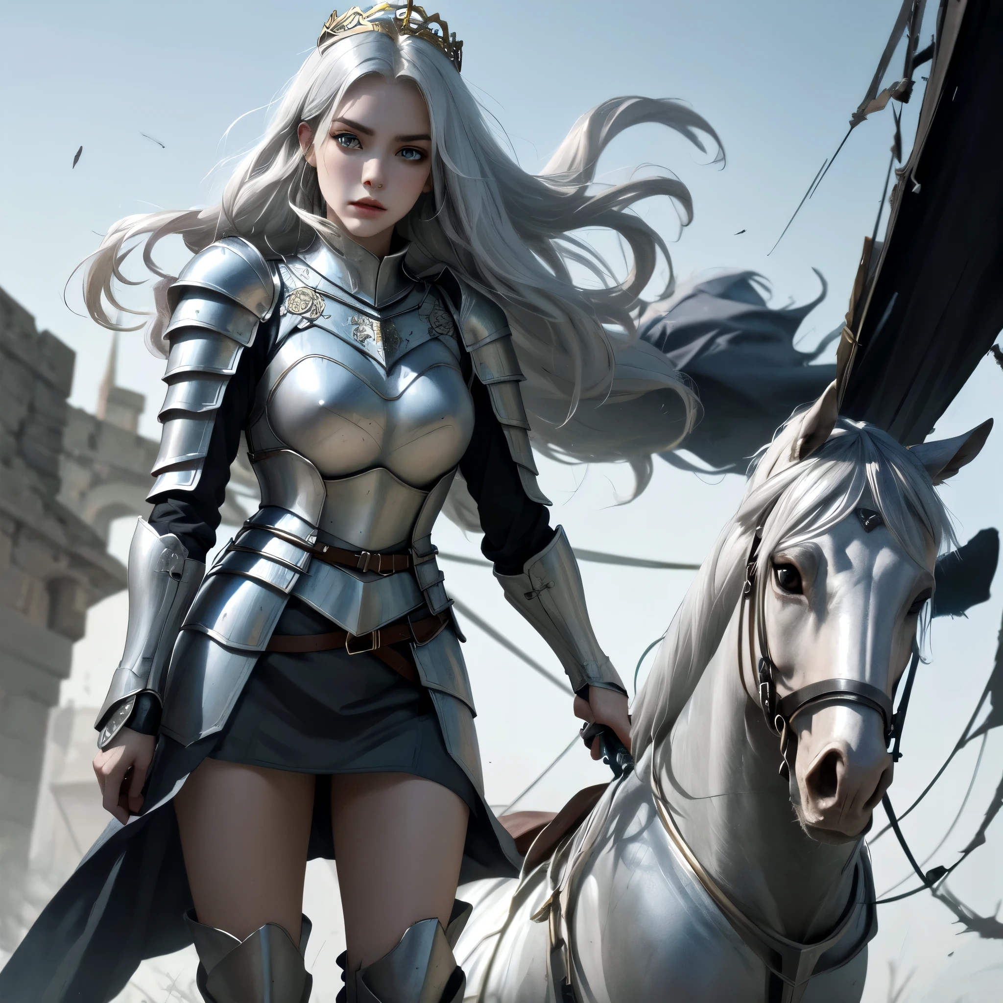 (best quality, high quality) (full body) A knight in dark armor stands in a position that exudes strength outside of a castle. The intricate armor is adorned with gold details and emits a light blue aura. The knight wears a matching crown, and their silver hair flows in the wind. Their face is strikingly beautiful, with piercing yellow eyes that draw attention. The knight holds an ornate spear, The scene is lit with realistic illumination, enhancing the details and atmosphere.
