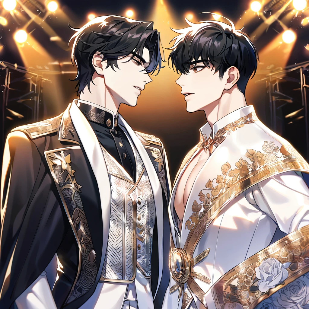 (absurdres, highres, ultra detailed, HDR) master piece, best quality, perfect face, delicated features, black hair, Yoo Joonghyuk x Kim Dokja, short hair, straight black hair, with bangs, expressive brown eyes, Omniscient reader's viewpoint, two men together, handsome, gay couple, yaoi, toned chest, white idol clothes with accessories, idol, patterns, cape, stage, lights, shining, flowers, joongdok