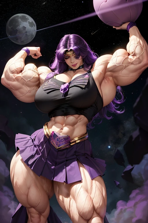 ((((Massive, tall, beautiful, buff, pale skinned muscular woman with violet purple hair, black lipstick, ginormous bulky muscles and wearing a violet purple mechanized sailor moon costume and skirt)))), close view, massive muscles, massive biceps, hyper muscle triceps, pale skin, (long hair with long bangs), black eyes, violet tiara, sailor moon boots, thunder, in space, black hole, night time, smirk, hyper muscles arms, hyper muscle legs, ((massive arms)).