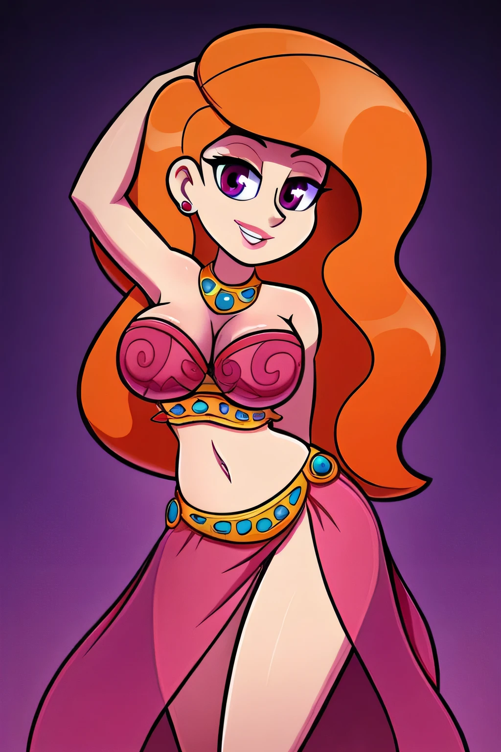 A tall sexy sensual woman with a big breast, long wavy orange hair, her purple eye, her pink lip, she wears a pink bra, belly dancers, and her light pink skirt, wearing a red Arabic boot.
